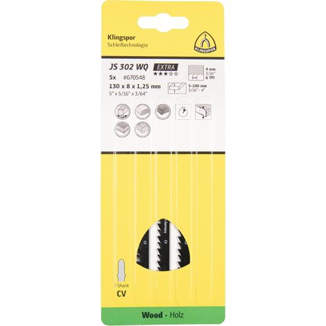 Klingspor JS 302 WQ 670548 - Lames de scie sauteuse (100 x 8 x 1,25 mm, longueur utile 110 chrome vanadium, tranchant, 6 dents par pouce)