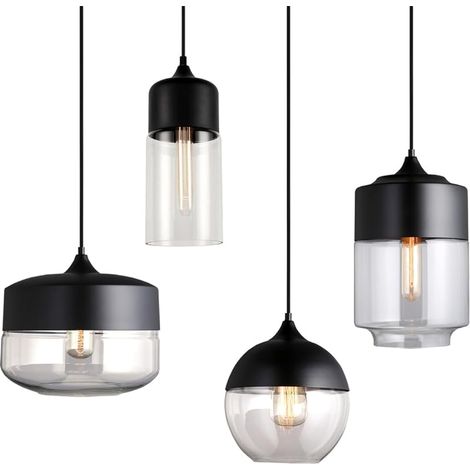 Rétro Suspension Luminaire en Verre Clair Lustre Plafonnier Moderne Minimaliste Éclairage de Plafond E27 Lampe Suspension pour Salon Cuisine Salle à Manger Chambre Bar Restaurant (Combinaison) (1/5)