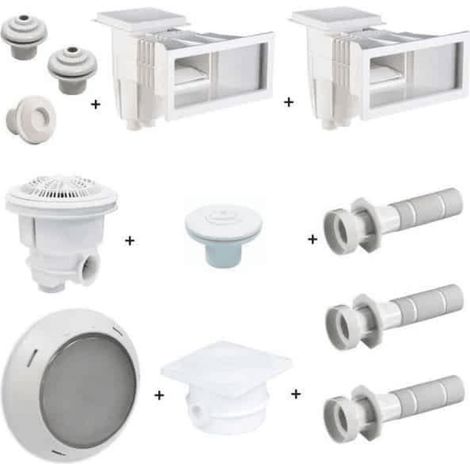 Astralpool – Kit pièces à sceller tout en un pour piscine 8x4 – 2 skimmers, bonde de fond, bouches de refoulement, prise balai – PVC et acier inoxydable (1/2)