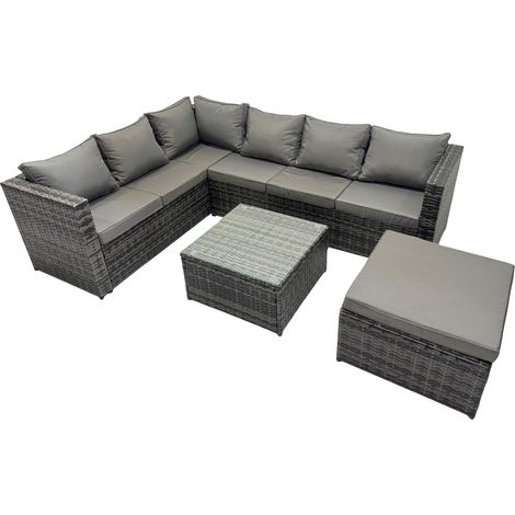 Fimous Rattan Garden Furniture Patio Furniture Sets with Corner Sofa Square Coffee Table Big Footstool Dark Grey Mixed (1/5)