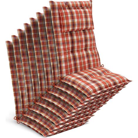 8x Gartenstuhlauflage Hochlehner 120x50x7cm, Orange-Rot-Grün-Kariert