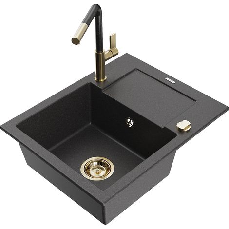 Mexen Enzo fregadero de granito de 1 seno con escurridor y grifo de cocina Flora, negro moteado - 6506-76-670401-75-G (1/5)