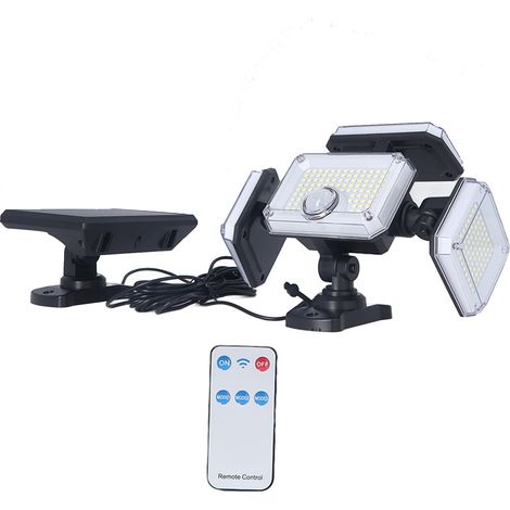 Lampe solaire à détecteur de mouvement à 4 têtes, 7700K, 8W, IP65, 3 niveaux d'éclairage réglables, avec télécommande (1/5)