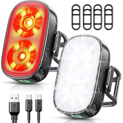 Lumières de vélo avant et arrière, ultra-fines rechargeables USB-C, [5+6 modes d'éclairage] & IP65 étanche, super brillantes, feux de sécurité pour vélo et moto, indicateurs pour conduite de nuit (1/5)