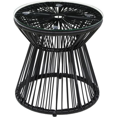 Tavolino da giardino rotondo in rattan nero con piano in vetro temperato (1/5)