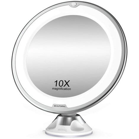 Miroir de maquillage, grossissement x10 avec LED blanche lumière du jour, miroir de salle de bain portable et éclairé (1/5)