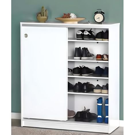 Pegane – Armoire à chaussures 2 portes coulissantes blanc – Dimensions 91x37x105 cm – Panneaux de particules mélaminés – Fabrication espagnole
