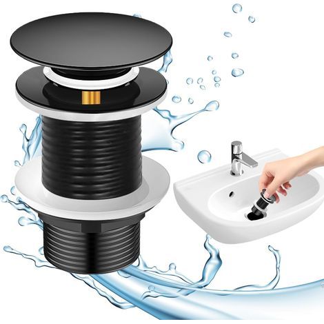 Bonde de Lavabo Noir Sans Trop Plein, Bonde de Vidage Sans Trop Plein, Bonde de Lavabo, Vidage Lavabo Pop-up, Bonde Lavabo Universelle, Bonde Pop Up Automatique pour Vasque a Poser (1/5)