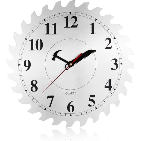 Horloge murale en métal de 30 cm avec lame de scie circulaire, cadran scie à main et marteau, idéale pour décorer votre garage. (1/5)