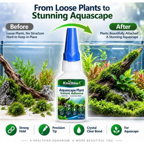 KineShineX Soforttrocknender Klebstoff für Aquarien - Transparenter, schnelltrocknender, starker Klebstoff, geeignet für Moose und Pflanzen. (1/5)