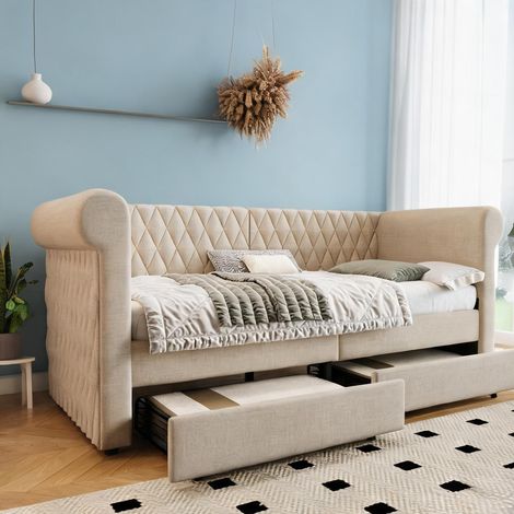 Cadre de lit beige en lin 222 x 99 x 72 cm (1/5)
