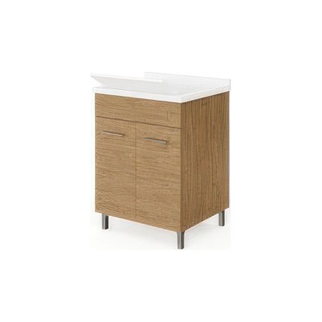 Meuble Lavoir Ch�ne Naturel 60 x 50 x h 84 cm � 2 Portes avec Bac en ABS et Siphon