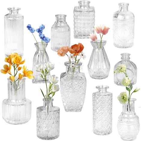 Lot de 12 Soliflore en Verre Transparent, Petit Vase Bureau multiformes,Mini Vase decoratif Vintage en Relief, adaptés à la Composition Florale, Table à Manger, au Salon et à la décoration de Mariage (1/5)