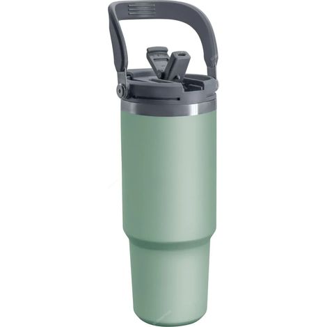 (Vert, 1050 ml) Bouteille d'eau isotherme à double paroi en acier inoxydable avec poignée et paille, adaptée aux boissons chaudes et froides. (1/5)