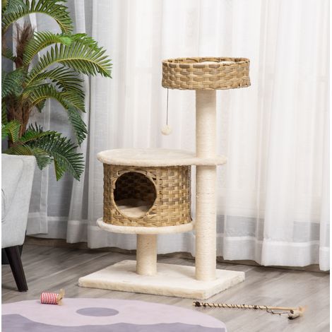 Árbol rascador de ratán con caseta y bola, 55 x 47 x 95 cm, natural y beige OKMYHOME (1/5)