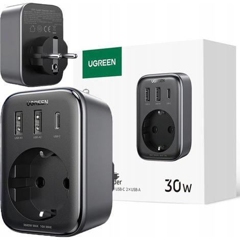 Cargador de pared de 30 W (2xUSB/USB C/CA) / UE - Adaptador de 13 A Ugreen CD314 - negro