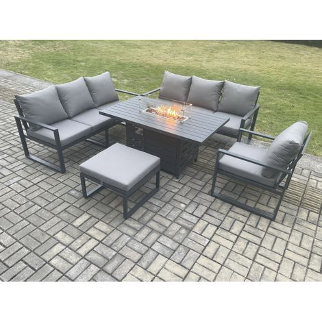 Fimous Aluminium Outdoor Lounge Sofa Garden Furniture Sets Gas Fire Pit Dining Table Set with Arm Chair Big Footstool Dark Grey (1/5)
