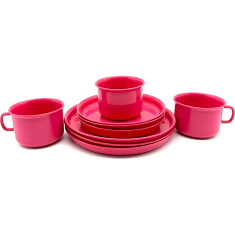Service de table en plastique avec 3 tasses chacune, 3 assiettes de 14 cm et 18 cm d'assiettes de 18 cm, fuchsia (1/2)