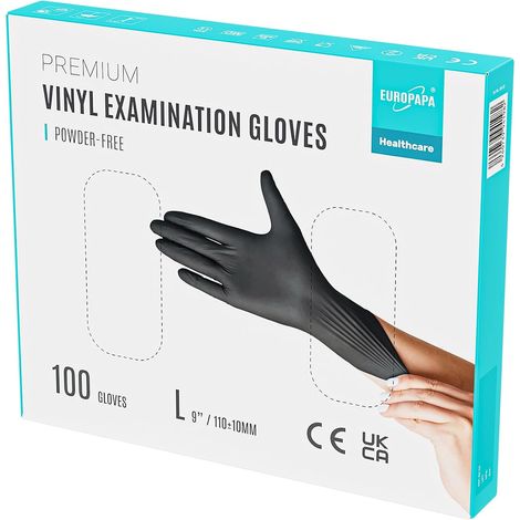 Lot de 100 gants jetables en vinyle sans latex et non poudrés - Taille S, M, L et XL (Noir, L) (1/5)