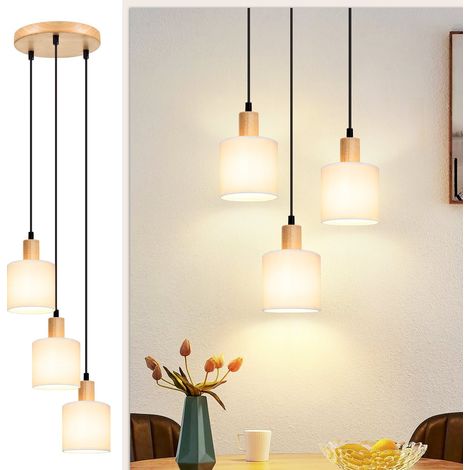 ZMH Suspension en bois Lampe de table à manger Vintage - Lampe à suspension de table à manger E14 Suspension blanche Lampe à 3 flammes ronde Lampe de table à manger (1/5)