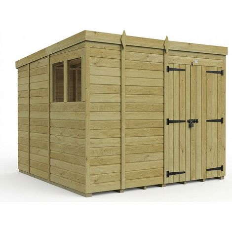 9ft x 9ft Pent Garden Shed Double Door With Windows - Pressure Treated Timber - L274 x W274 x H210 cm - Natural