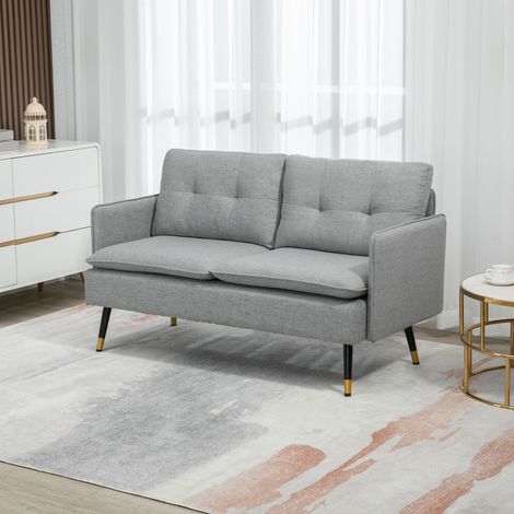 Zweisitzer-Sofa in Leinenoptik mit gepolsterten Armlehnen und Kissen, modernes Zweisitzer-Sofa mit Stahlbeinen, für Büro, Wohnzimmer, Lounge und Schlafzimmer, 139 x 68 x 80 cm, Grau