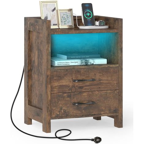 COSTWAY Table de Chevet avec Prise, Table de Nuit LED en 16 Couleurs, 2 Prises, Port USB, Type-C, 2 Tiroirs, Étagère Ouverte, Chevet de Lit Connectée pour Chambre, Salon (1,Marron Rustique) (1/4)
