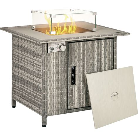 14.5 KW Rattan Gas Fire Pit Dining Table with Rain Cover, Wind Guard, Lid, Lava Rocks, Grey