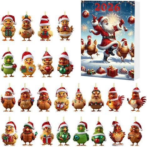 Weihnachtskalender aus Acryl zum Aufhängen mit Cartoon-Huhn-Anhänger, Überraschungsbox, 24-Tage-Countdown, Weihnachtsbaumschmuck (Typ B) (1/2)