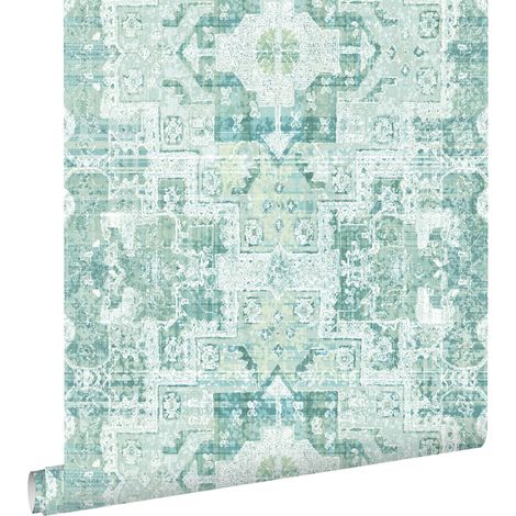 papier peint tapis patchwork kilim oriental vert menthe pastel clair grisé - ESTAhome (1/5)