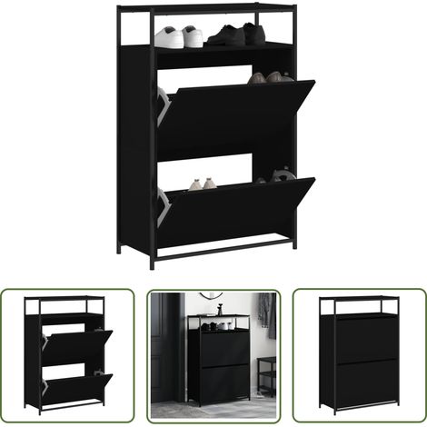 The Living Store Armoire à chaussures noir 75x34x112 cm bois d'ingénierie - Meuble Chaussure - Rangements Chaussures - Armoire Chaussures - Meuble Entrée - Rangement Intérieur (1/5)