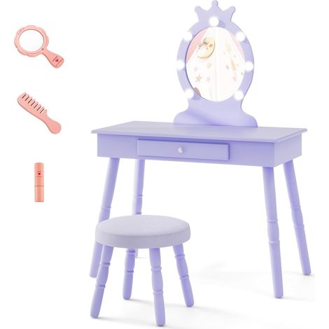 GOPLUS Coiffeuse Enfant Fille avec Miroir et Tabouret, Lumières LED 3 Couleurs, Table de Maquillage avec Accessoires de Beauté, 2 en 1 Bureau Enfant avec Rangement (Violet) (1/5)