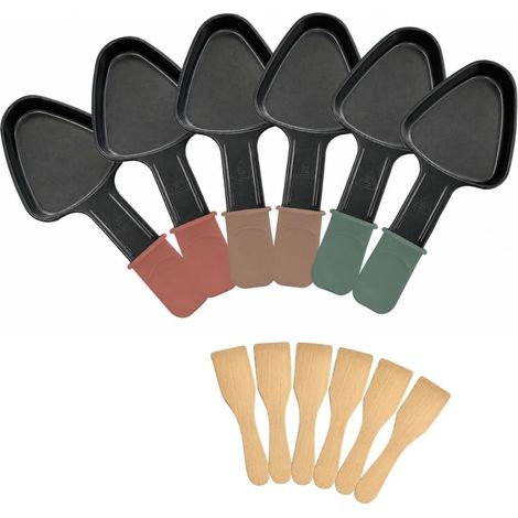 3119 Set Raclette Meuuuh tricolore, Lot 12 accessoires à raclette, 6 poêlons triangulaires + 6 spatules bois, Coupelles avec manche couleur, Sans PFAS, Pour 6 personnes (1/5)