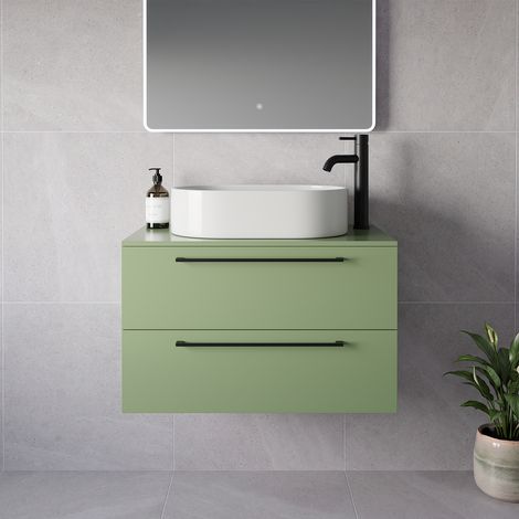 Napoli 460 Olive Green 800mm Wall Mounted 2 Drawer Vanity Unit for Countertop Basins - 800mm - Matt Black 480mm Handle