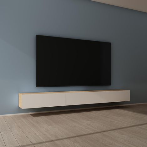 Mai & Mai Fernsehtisch Fernsehschrank TV Schrank Verdeckter Griff mit Soft-Close Lowboard Hängeschrank für Wohnzimmer in Kerneiche + Matt Weiß BTH: 300x40,2x30 cm Fernsehschrank02