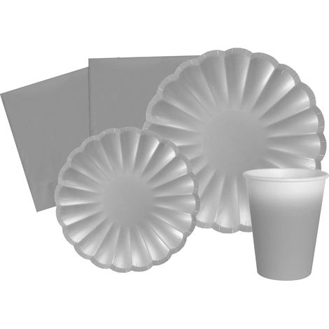 Ciao-Kit Party Tavola Flower Shape person (112 pz Ø23cm, piatti Ø18cm, 24 bicchieri, 40 tovaglioli), argento carta compostabile eco-friendly, AZ158 (1/4)