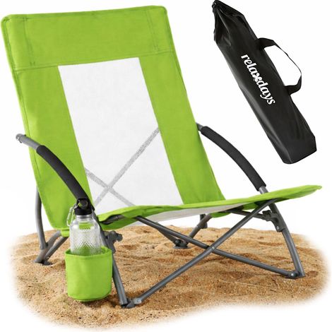 Chaise de plage Relaxdays pliable, sac, porte-boissons, 135 kg, dossier en mesh, légère, polyester, métal, verte
