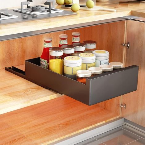 Extendable drawer, telescopic kitchen drawer for kitchen cabinets, (25 cm W x 43 cm D x 9 cm H), no drilling or nailing required (Black) (1/5)