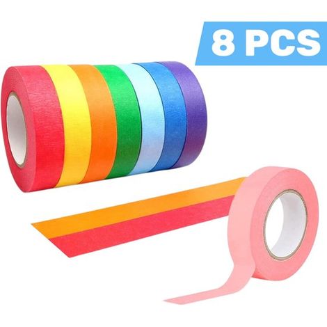 8 piezas, Cinta adhesiva enmascarar varios colores (rojo, naranja, amarillo, verde oscuro, azul claro, azul oscuro, rosa, morado), 15 mm x 13 m (1/5)