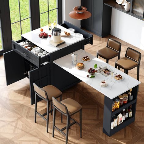 Table îlot extensible noir 133-202 cm 2 tiroirs 4 casiers étagères latérales 2-6 personnes (1/5)