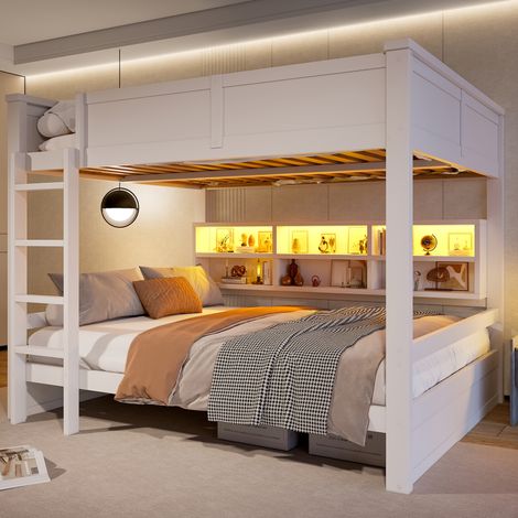 Lit superposé 160x200 avec rangements LED blanc HAVRYA (1/5)