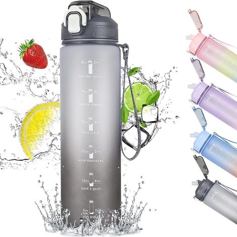 Bouteille de sport de 1 L avec paille et indicateur de temps, bouchon étanche sans BPA - Idéale pour le sport, la salle de sport, le bureau et la course à pied (1/5)
