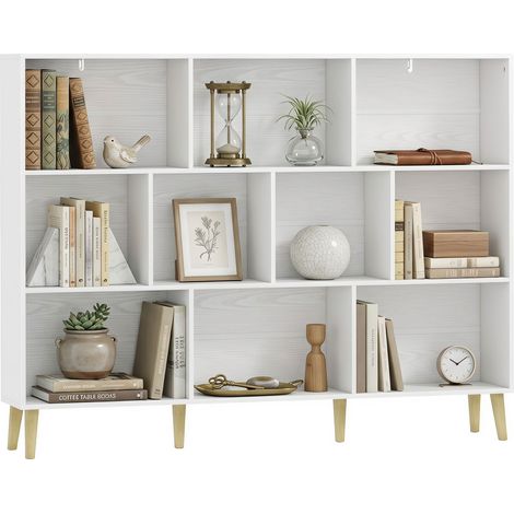 HOMCOM Bookshelf with 10 Cubbies, 3-Tier Book Shelf with Wood Legs, White (1/5)