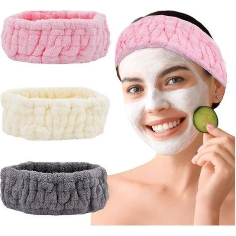 Set di 3 fasce, spa fasce di morbida spugna per il lavaggio del viso, maschere per il viso, trucco, doccia e yoga, regalo per ragazze e ragazzi (grigio + bianco + rosa) (1/5)