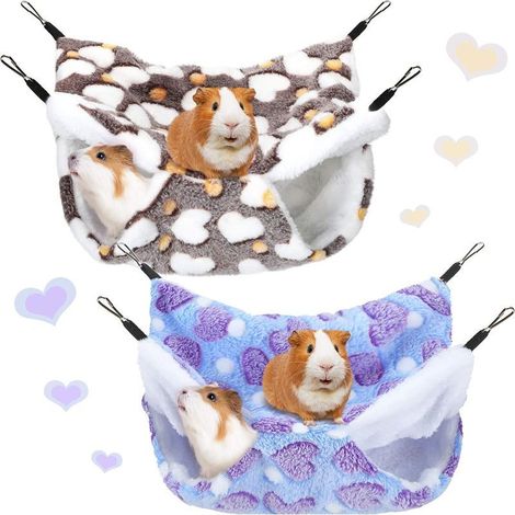 Lot de 2 hamacs pour cochons d'Inde, rats, hamsters, furets, petits animaux, chinchillas, perroquets, écureuils volants (violet, café, motif cœur) (1/4)