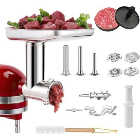 Fleischwolf-Aufsatz für KitchenAid Küchenmaschinen, inklusive Wurstfüller, Reinigungsbürste und Edelstahl-Schneide- und Reibeset für KitchenAid