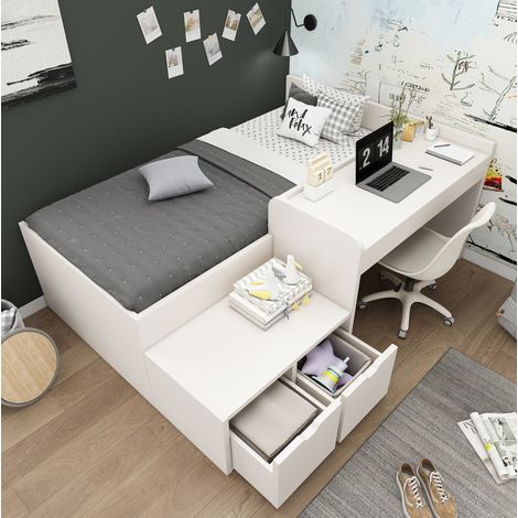 Letto singolo per bambini 90x200 cm bianco in legno massello e MDF con scrivania, cassetti e rete a doghe (1/5)