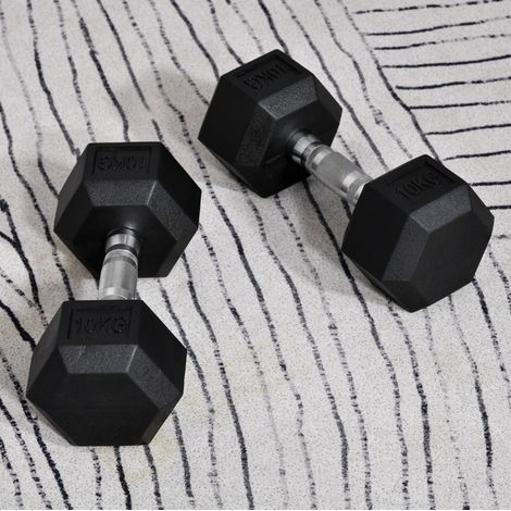 Set de 2 mancuernas hexagonales 2 x 10 kg de hierro fundido con revestimiento de goma negro OKWISH (1/5)