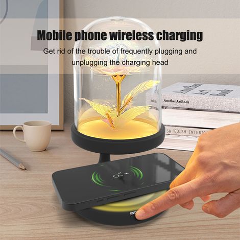 Lampe de table noire à chargement sans fil en forme de fleur, chargeur rapide pour téléphone portable, petite lampe de table (1/5)