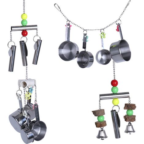Ensemble de 4 perchoirs, carillons éoliens, hamac, échelle, nid douillet, cachette, jouets et cage de jeu pour perruche conure
